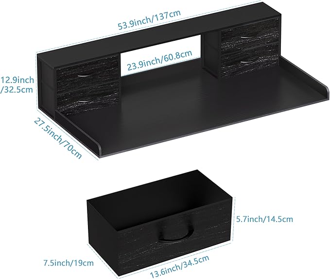 Unionly Washer and Dryer Countertop, 27.5“ D x 53.9“ W x 12.9“ H Solid Wood Washer and Dryer Countertop with Organizer Shelves with Four Drawers for Laundry Room Organization (Black)