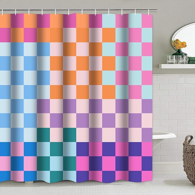 4 PCS Checkered Shower Curtain Sets Fun Gingham Bathroom Sets Soft Non Slip Bath Rugs Toilet Cover U-Shaped Mat Retro Bright Waterproof Shower Curtains with 12 Hooks for Tub Toilet, Colorful