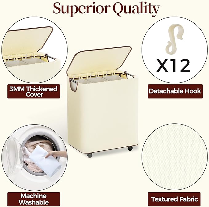 LAMU 145L Laundry Hamper with Wheels, Rolling Laundry Basket with Lid and 3 Removable Laundry Bag, Sturdy Large Capacity 3 Section Dirty Clothes Hamper for Laundry Room, Bedroom, Bathroom, Dorm, Beige