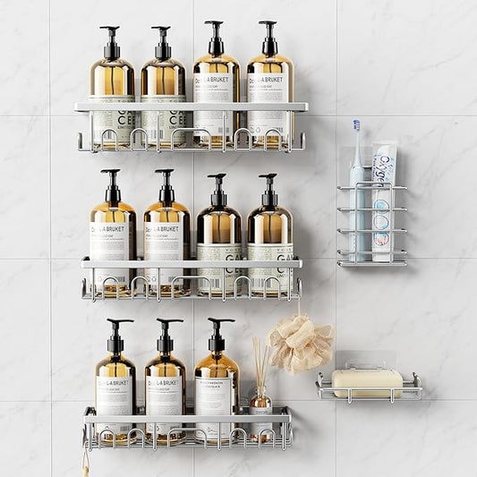 Shower Caddy, 5 Pack Shower Shelves for Inside Bathroom, Rustproof Adhesive Bathroom Organizer with Soap Holder, No Drilling Washroom Organizers and Storage for Bathtub Room/Kitchen, Silver
