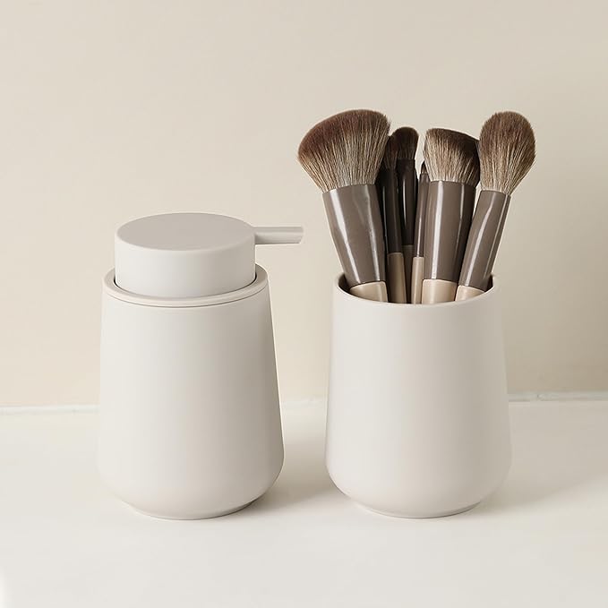 YAUKPH Matte Beige Bathroom Accessories 2 Piece Set Plastic Soap Dispenser and Toothbrush Holder for Modern Bathroom Decor