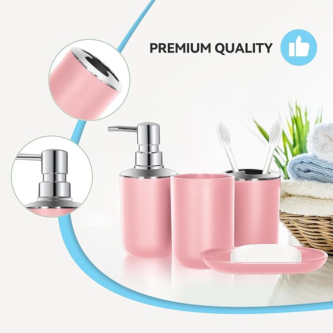 Pink Bathroom Accessories Set 4 PCS, Pink Bathroom Accessories, Plastic Soap Dispenser and Toothbrush Holder Set, Soap Dish and Mouthwash Cup, Boho Bathroom Decor, Bathroom Set