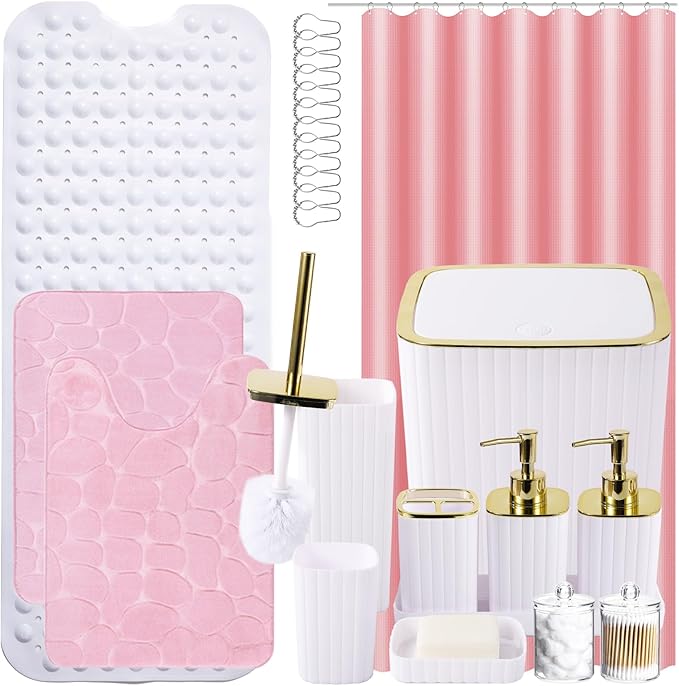 XLHOMO 26PC Bathroom Set - Gorgeous White Bathroom Set, Bathroom Accessories Set, Pink Shower Curtain Set with Bathtub Mats for Shower Tub