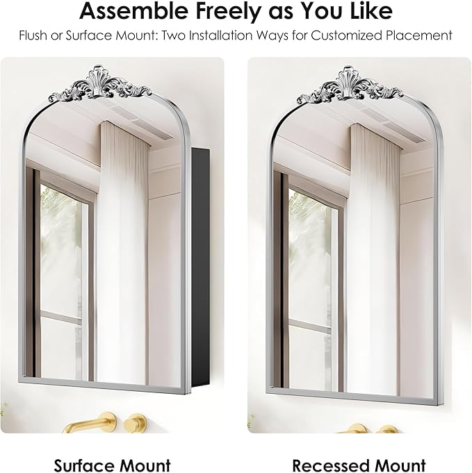 SogesHome Retro Arched Wall Mount Bathroom Mirror Cabinet with 3-Tier Storage, 15.7 x 23.6 Inch Elegant Decoration Medicine Cabinet with Removable Shelves, Farmhouse Vanity Organizer, Silver