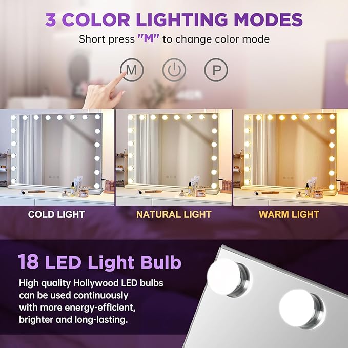 Vanity Mirror with Lights, 28” x 22” Large Hollywood Vanity Mirror, 3Color Models Touch Screen Control, 18 Bulbs LED Lights Mirror & 10X Magnifying Mirror, Tabletop or Wall-Mounted