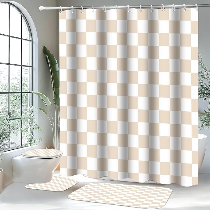 4 PCS Checkered Shower Curtain Sets Fun Gingham Bathroom Sets Soft Non Slip Bath Rugs Toilet Cover U-Shaped Mat Retro Bright Waterproof Shower Curtains with 12 Hooks for Tub Toilet, Beige