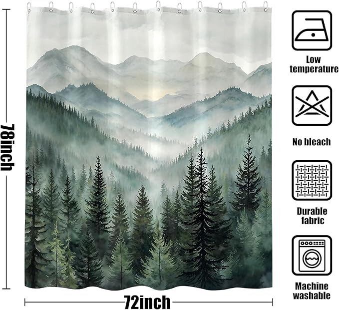 Accnicc Forest Mountain Shower Curtain Dark Green Nature Misty Pine Tree Shower Curtains for Bathroom Foggy Rustic Woodland Decorative Waterproof Fabric Bath Curtain Decor 72×78 Inches