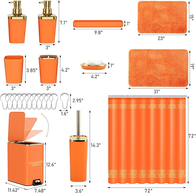 XLHOMO 11PCS Bathroom Sets with Shower Curtain and Rugs Bathroom Accessories Set Orange Bathroom Set,Soap Dispenser & Toilet Brush Holder Set with Stainless Steel Trash Can
