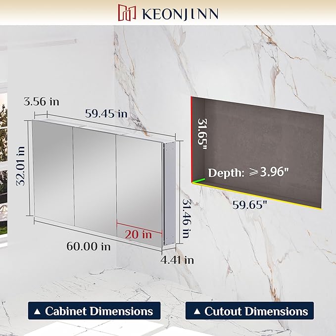 Keonjinn 60 x 32 Inch Medicine Cabinet, Assembly Required, Silver Bathroom Medicine Cabinets Mirror, Lightweight, Adjustable Shelves, Surface Mount or Recessed, Tempered Glass
