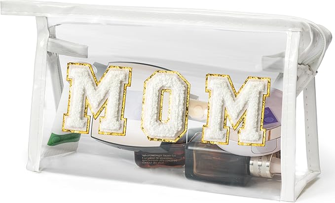 CY2SIDE MOM Clear Makeup Bag - White MOM Letter Patch Cosmetic Bag with Handle for Travel PVC Zipper Clear Travel Bag for Toiletries Waterproof Portable Travel Organizer Case Mother's Day Gift for Mom
