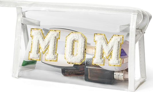 CY2SIDE MOM Clear Makeup Bag - White MOM Letter Patch Cosmetic Bag with Handle for Travel PVC Zipper Clear Travel Bag for Toiletries Waterproof Portable Travel Organizer Case Mother's Day Gift for Mom