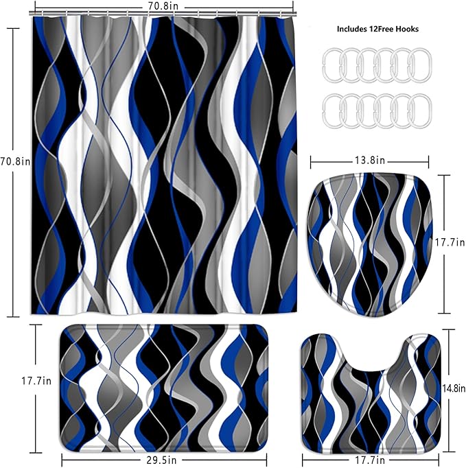 Nkzply 4 Pcs Blue Shower Curtain Black Bathroom Sets with Shower Curtain and Rugs Grey Modern Striped Shower Curtain Set White Bathroom Rugs Set Bathroom Decor Toilet Lid Cover Hooks