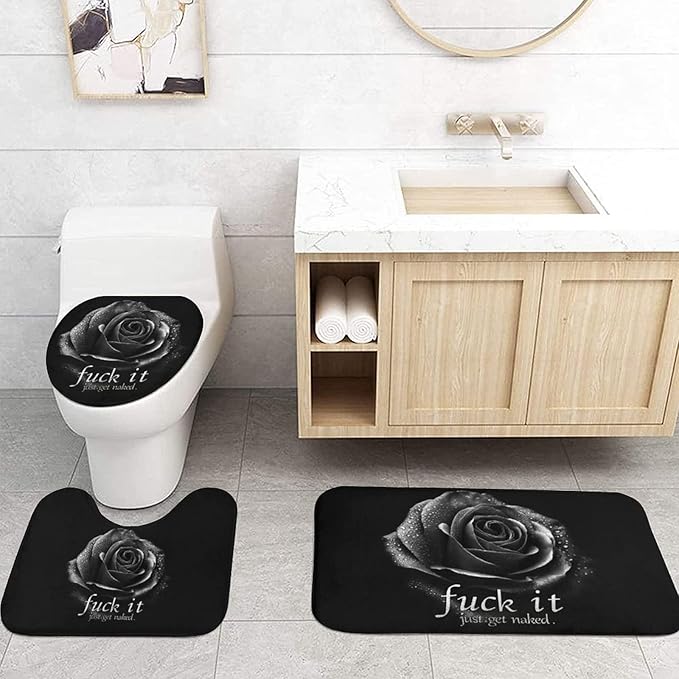 jieprom 4PCS Rose Fuck It Get Naked Shower Curtain Set with Non-Slip Rugs, Toilet Lid Cover and Bath Mat, Black Shower Curtain with 12 Hooks, Waterproof Complete Bathroom Decor Set