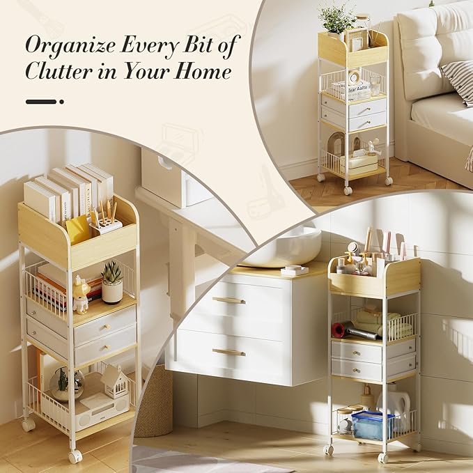 Makeup Organizer Storage Rolling Cart, Floor Bathroom Organizers with Drawers Wheels, Versatile Skincare Perfume Hair Nail Accessories Vanity Craft Organizer, for Dorm Kitchen Home White Metal Wood