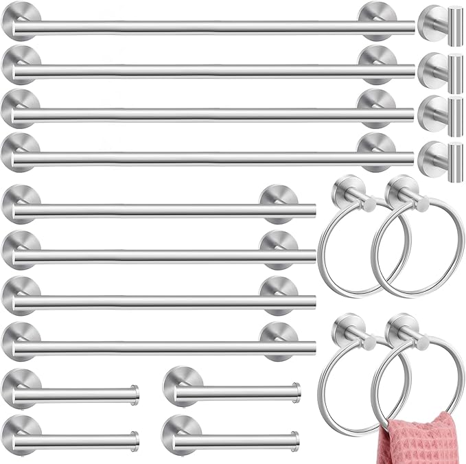 Gisafai 20 Pcs Silver Bathroom Accessories Hardware Set Towel Racks for Bathroom SUS304 Stainless Steel 23.6 Inch Brushed Towel Bar Ring Toilet Paper Holder Robe Hooks for Wall Mounted