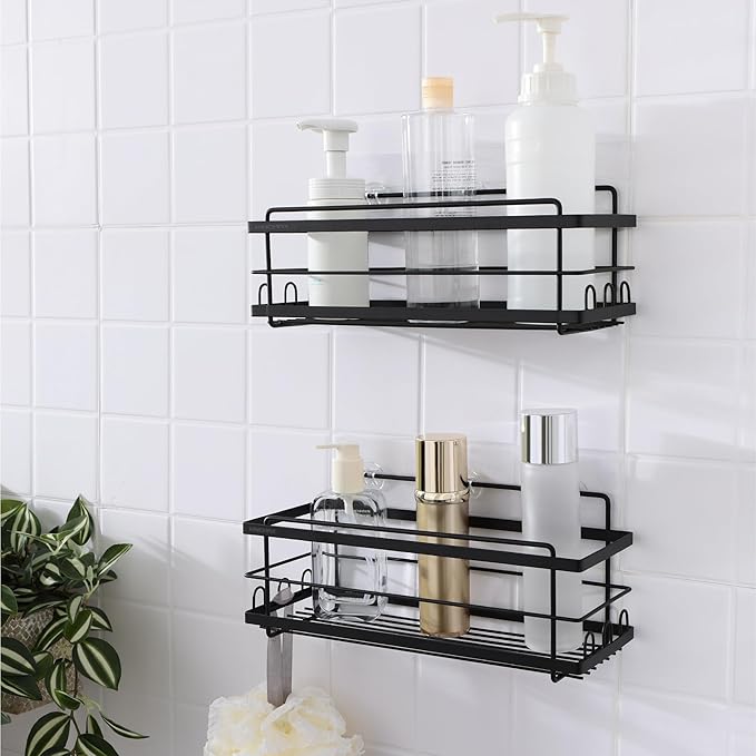 KINCMAX Iron Shower Caddies - Self Adhesive Bathroom Shelves for Showers - Wall Organizer Shampoo Holder Shelf - Peel and Stick On Caddy Bath Tub Rack - Pack of 2 Holders - Black