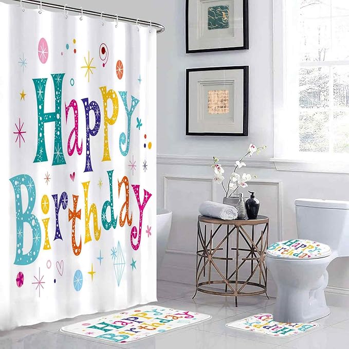 4 Pcs Colorful Happy Kids Birthday Shower Curtain Sets with Non-Slip Rugs, Lovely Kid's Birthday Shower Curtain Colorful Cartoon White Fabric Bathroom Shower Curtain with 12 Hooks, 72" x 72"