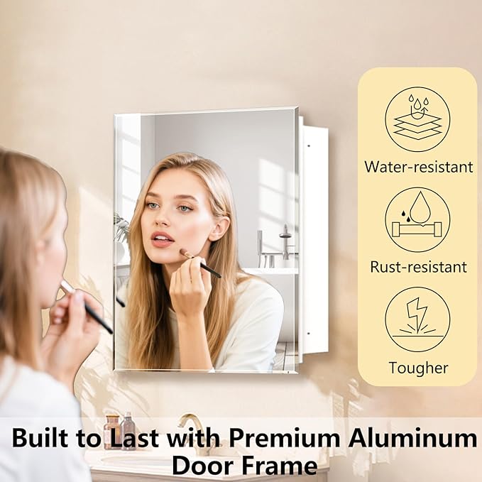 Medicine Cabinet with Beveled Mirror, 28x28 inch Square Mirror Cabinet, Recessed or Wall Mount, Bathroom Cabinet with Removable Shelves, Storage Suitable for Bathroom Bedroom