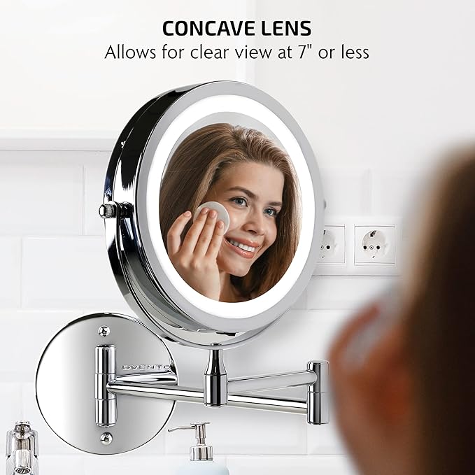 OVENTE Wall Mounted Lighted Makeup Mirror, 7" Double Sided 1X/10X Magnifying Vanity Mirror for Bathroom with LED Lights, Cordless, 360° Rotation and 13" Extendable Arm, Polished Chrome MFW70CH1X10X