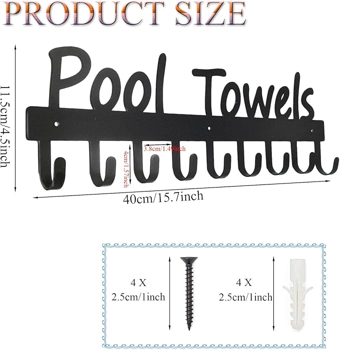 Black Pool Towel Rack Outdoor Towel Rack for Pool Towel Hooks Towel Hanger for Bathrobes Clothes 9 Hooks