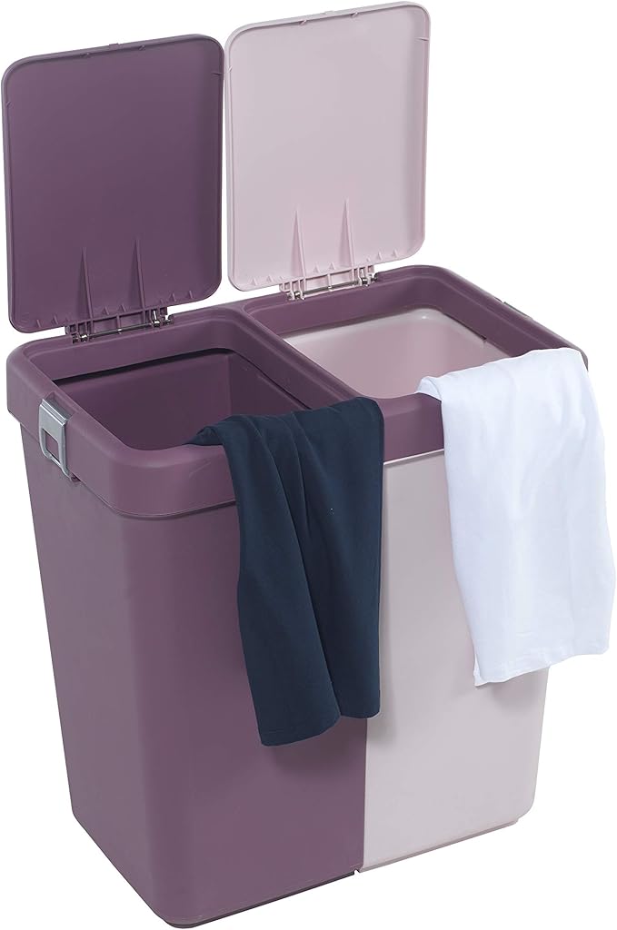 Mabel Home Plastic Laundry Hamper with Lid, 2 sections, Large Laundry Basket – Extra Trash Bin (1,6 Gallons) inc. (Pink-Purple)