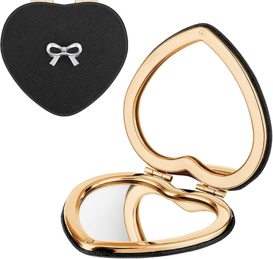 Qianyu Compact Folding Heart Shaped Double-Sided 1X/2X Magnifying Mini Glitter Makeup Mirror with PU Leather for Women Home, Office and Travel (Gold)