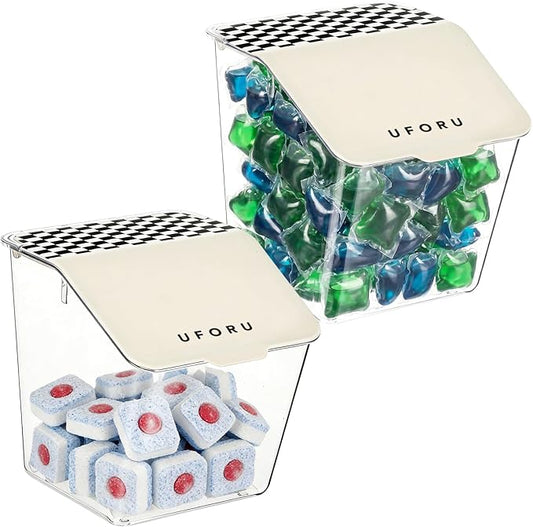 Rainmae 2 Pack Laundry Pods Container with Lids Wall-Mounted Dishwasher Pods Holder for Powder Dryer Balls and Scent Booster Beads Space Saving Plastic Storage Container for Laundry Room Organization