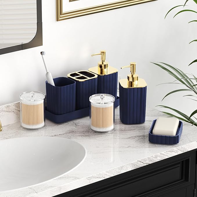 XLHOMO Bathroom Set with Shower Curtain and Rugs- 25PC Blue Bathroom Accessory Set, Navy Blue Shower Curtain Set, Toilet Brush, Trash Can, Qtip Holder & Soap Dispenser