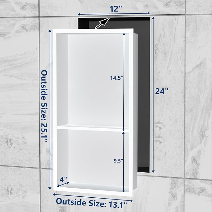 Neodrain White Shower Niche Insert Tile Ready, Stainless Steel Wall Niche 25.1"X13.1"(Inner Size 24"X12"), Two-Tier Bathroom recessed Shower Cabinet, NO Tile Needed for Shower wall