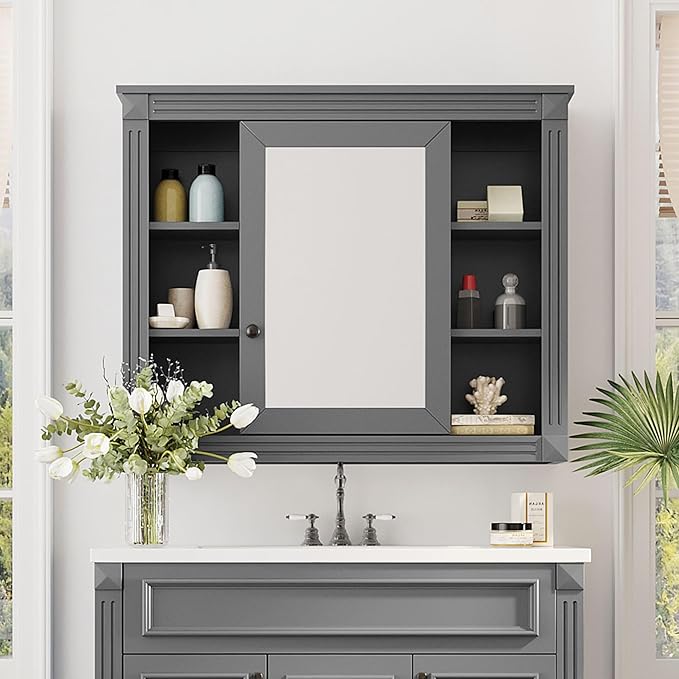 Merax Medicine Cabinet with Mirror, Wall Mount Bathroom Cabinet 35" x 28" Over Toilet Storage Cabinet Organizer with Door and Open Shelves, Mirrored Bathroom Wall Cabinet