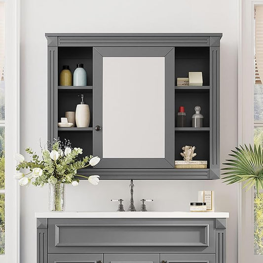Merax Medicine Cabinet with Mirror, Wall Mount Bathroom Cabinet 35" x 28" Over Toilet Storage Cabinet Organizer with Door and Open Shelves, Mirrored Bathroom Wall Cabinet