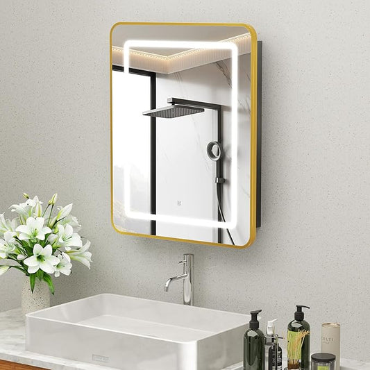 ROOMTEC Lighted Medicine Cabinet with Mirror, Wall Mounted Bathroom Mirror with Storage, Single Doors Bathroom Wall Cabinet with LED Lights,Gold,16"x24"