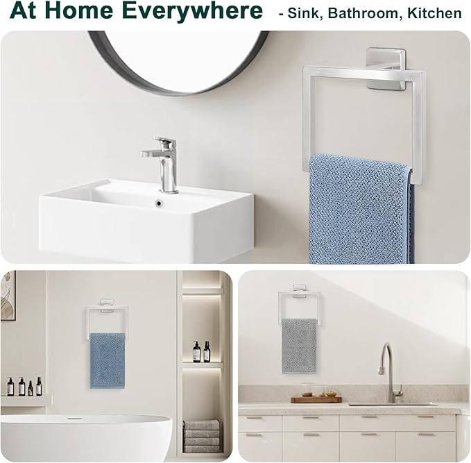 Bath Towel Ring, Square SUS304 Stainless Steel Hand Towel Holder for Bathroom Wall Mounted, Modern Towel Hanger for Bath, Kitchen, Brushed Nickel