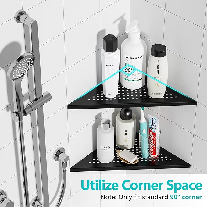 Qeke Corner Shower Shelves, 10” Recessed Tile Shower Shelf Matte Black, 304 Stainless Steel Grout in Corner Tile Bathroom Shelves, No Drilling, 2 Pack