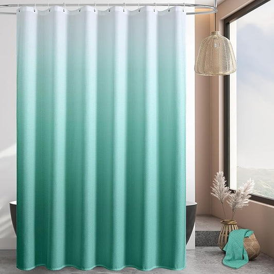 MitoVilla Teal Blue Ombre Shower Curtain 72 x 78, Long Waffle Fabric Shower Curtains for Modern Luxury Bathroom Decor, Heavy Duty Hotel Cloth Shower Curtains 78 inch Long