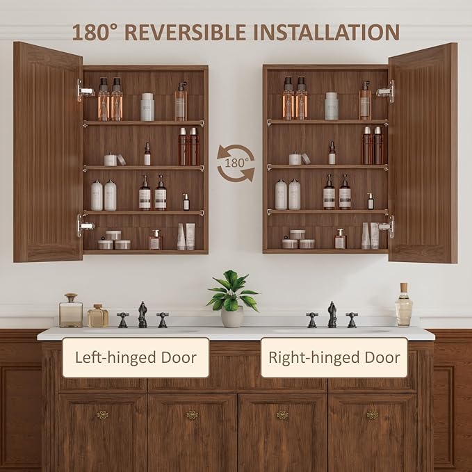 Buruis 20 x 28 Inch Walnut Grain Medicine Cabinet with Mirror, Recessed or Wall-Mounted Wood Storage Cabinet for Bathroom, Adjustable Shelves, Soft-Close Hinges, Rectangle
