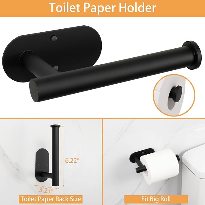 TocTen 5 Pieces Wall Mounted or Self Adhesive Towel Bar Set, Stainless Steel Bathroom Hardware Set Include 16″ Towel Rack, Toilet Paper Holder, 3 Towel Hook, Sticky Bathroom Accessory Kit (Black)