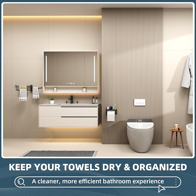 Aomasi Matte Black Swivel Towel Bar, 304 Stainless Steel Rotating Towel Rack with 3 Arms, Space Saving Wall Mounted Hanger for Bathroom, Kitchen, RV, Laundry Room