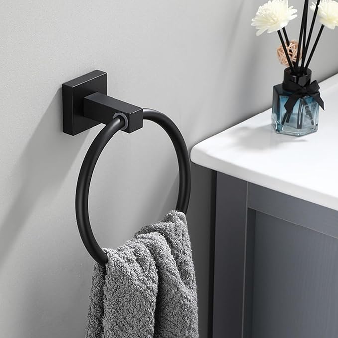 Matte Black Towel Ring,NSCMQSL Modern Hand Towel Ring Holder for Bathroom Wall Mounted,SUS304 Stainless Steel Construction Bathroom Black Towel Rack