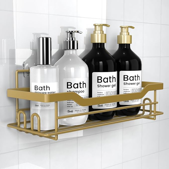 Shower Caddy Shelves Organizer Rack, Single Pack Shower Shelf, Caddies for Shampoo Soap Bathroom Waterproof Adhesive Holder, No Drilling Wall Mounted Self, Matte Gold