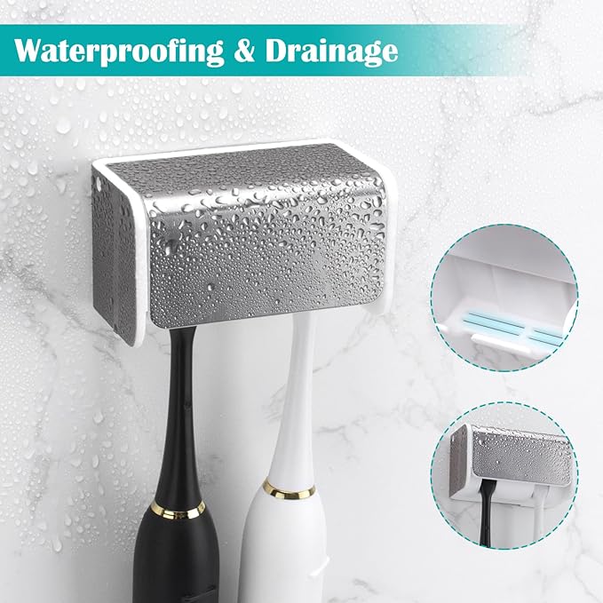 PARKMANI 2 PCS Toothbrush Holders Wall Mounted with Cover, Electric Tooth Brushing Holder for Bathroom, 2 Slots Self Adhesive Toothbrush Organizer for Family, Kids (2, Brushed Silver)