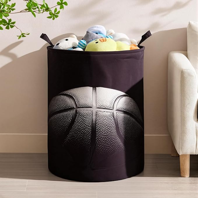 2Pcs Basketball Cute Kids Laundry Basket Baby Nursery Hamper Boys Room Decor Foldable Oxford Cloth Funny Tote Clothes Storage Bucket Organizer For Bedroom (Basketball)