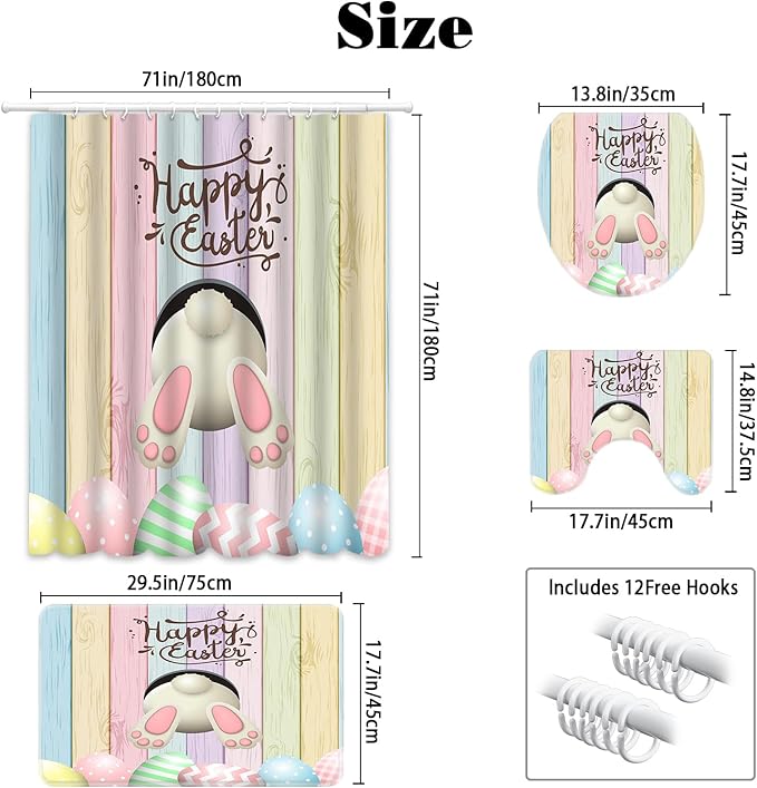 MEHOFOND 4pcs Easter Shower Curtain Sets with Non-Slip Rugs Toilet Lid Cover and Bath Mat Bunny Easter Bathroom Curtain Decor Set with 12 Hooks Waterproof Shower Curtain Set for Bathroom