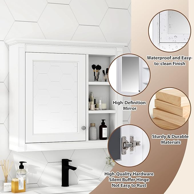 Merax Bathroom Medicine Cabinet with Mirror, 30" x 28" Wall Mounted Medicine Cabinet with Single Door and Shelves, Over The Toilet Mirrored Bathroom Storage Wall Cabinet