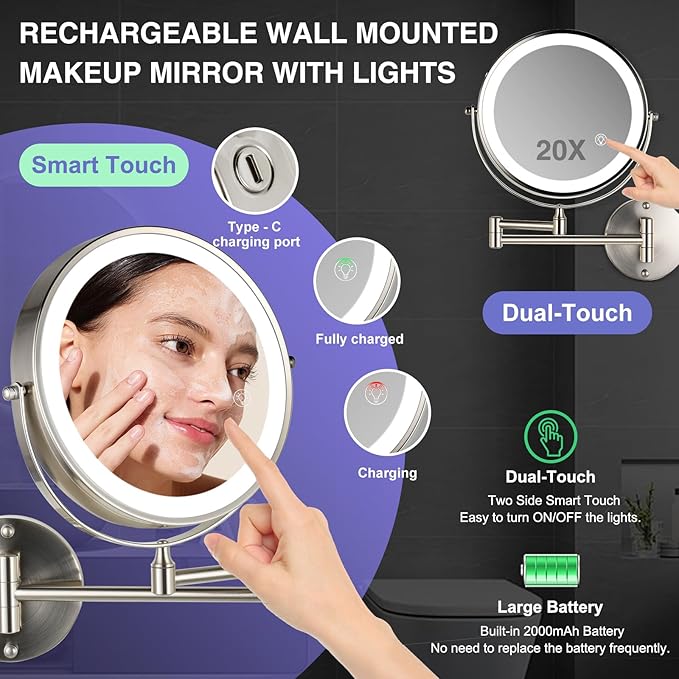 GREENFROM Magnifying Mirror with Lights 1X/20X: 8.5" Double Sided 3000mAh Rechargeable Wall Mounted Lighted Makeup Mirror for Bathroom, Brushed Nickel