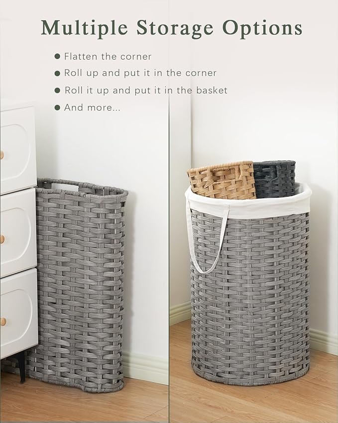 SETVSON Laundry Basket Round Rattan Laundry Hamper 29.1 Gal(110 L) Handwoven Large Wicker Basket with Handles, Wicker Hamper with Removable Bags and 2 Mesh Bags for Bathroom Living Room Gray(No Lid)
