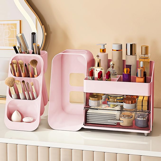 DASITON Makeup Organizer with Brush Holder for Vanity, Bathroom Countertop Organizer with 2 Drawers, Large skincare storage organizers for perfume, lipstick, Nail Polishes and Beauty Essential (Pink)