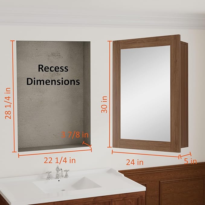 24 x 30 Inch Walnut Grain Medicine Cabinet with Mirror, Recessed or Wall-Mounted Wood Storage Cabinet for Bathroom, Adjustable Shelves, Soft-Close Hinges, Rectangle