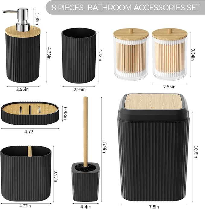 Bathroom Accessories Set - Unbreakable Black Bathroom Set, Trash Can, Toilet Brush with Holder, Soap Dispenser, Toothbrush and Toothpaste Holder, Tumbler Cup, Soap Dish, Qtip Holder, Bamboo Decor