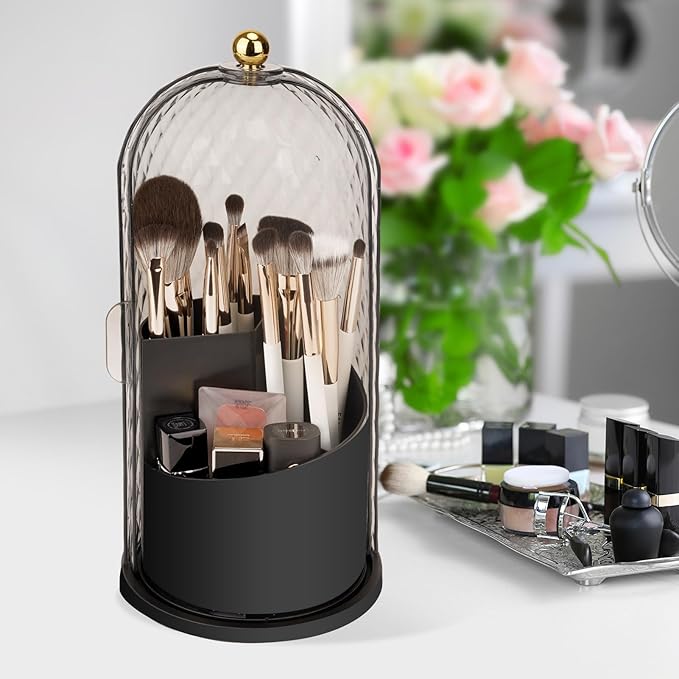 QIYVLOS Toothbrush Holders with Sliding Lid, Rotating 3 Slots Bathroom Organizer Countertop, Tooth Brush Toothpaste Holder Bathroom Counter Stand Caddy for Vanity Makeup Brushes Holder (Black)